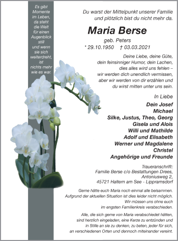 Traueranzeige von Maria Berse von Ruhr Nachrichten und Halterner Zeitung