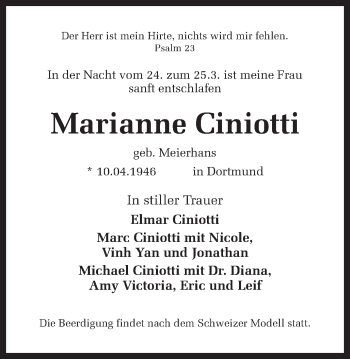 Traueranzeige von Marianne Ciniotti von Ruhr Nachrichten und Halterner Zeitung