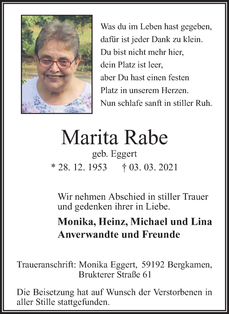  Traueranzeige für Marita Rabe vom 13.03.2021 aus Hellweger Anzeiger