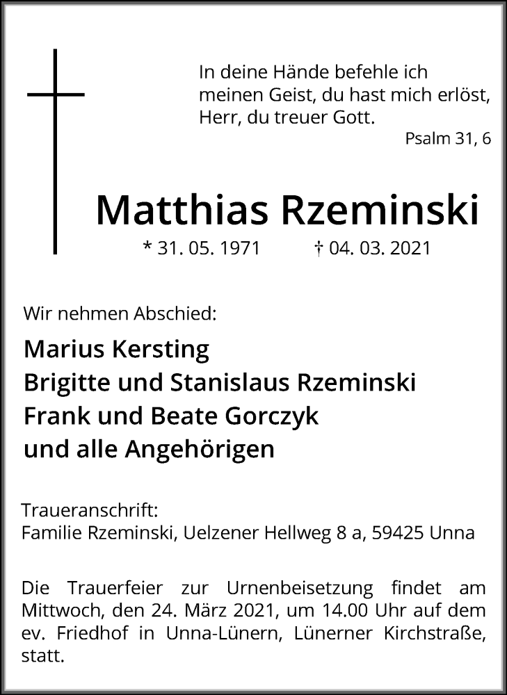  Traueranzeige für Matthias Rzeminski vom 16.03.2021 aus 