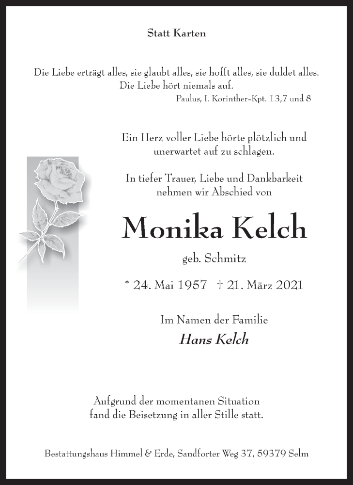  Traueranzeige für Monika Kelch vom 31.03.2021 aus 