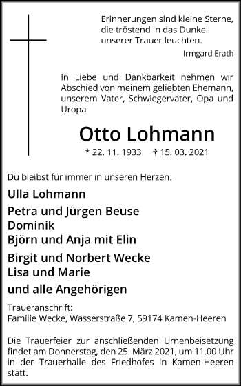 Traueranzeige von Otto Lohmann von Hellweger Anzeiger