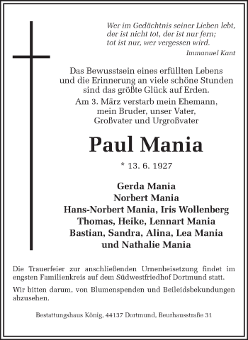 Traueranzeige von Paul Mania 