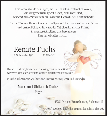 Traueranzeige von Renate Fuchs von Ruhr Nachrichten und Dorstener Zeitung