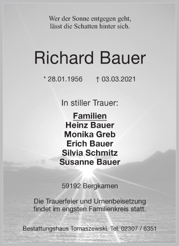 Traueranzeige von Richard Bauer von Hellweger Anzeiger