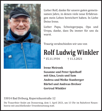 Traueranzeige von Rolf Ludwig Winkler 