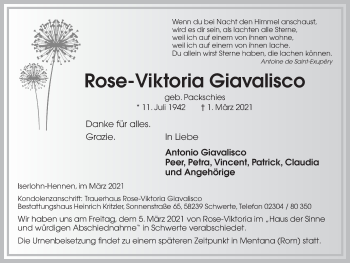 Traueranzeige von Rose-Viktoria Giavalisco von Ruhr Nachrichten