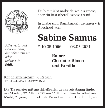 Traueranzeige von Sabine Samus 
