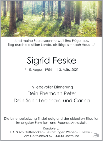 Traueranzeige von Sigrid Feske 