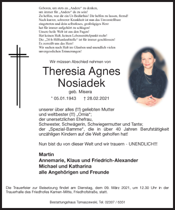 Traueranzeige von Theresia Agnes Nosiadek von Hellweger Anzeiger