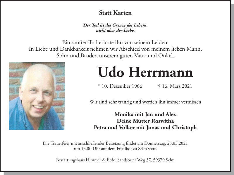  Traueranzeige für Udo Herrmann vom 20.03.2021 aus Ruhr Nachrichten