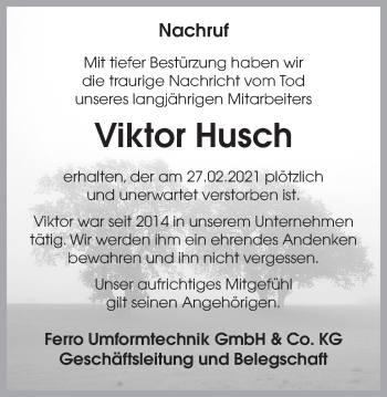 Traueranzeige von Viktor Husch von Münstersche Zeitung und Münsterland Zeitung