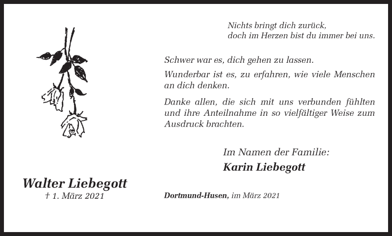  Traueranzeige für Walter Liebegott vom 27.03.2021 aus 