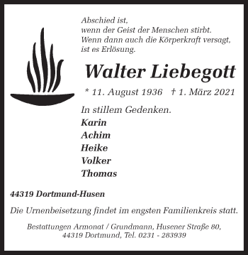 Traueranzeige von Walter Liebegott 