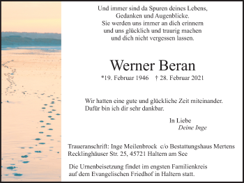 Traueranzeige von Werner Beran von Ruhr Nachrichten und Halterner Zeitung