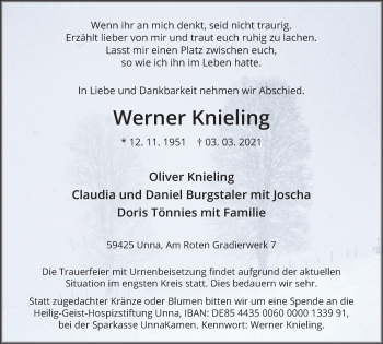Traueranzeige von Werner Knieling von Hellweger Anzeiger