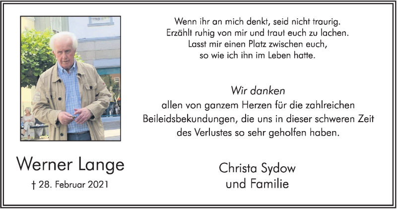  Traueranzeige für Werner Lange vom 25.03.2021 aus Hellweger Anzeiger