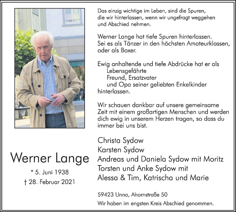  Traueranzeige für Werner Lange vom 09.03.2021 aus Hellweger Anzeiger