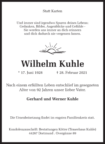 Traueranzeige von Wilhelm Kuhle 