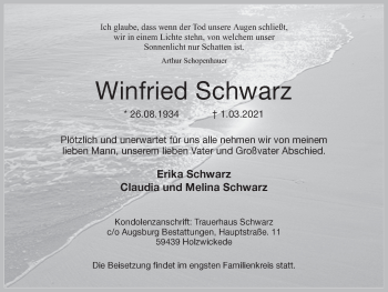 Traueranzeige von Winfried Schwarz von Hellweger Anzeiger