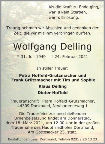Traueranzeige von Wolfgang Delling 