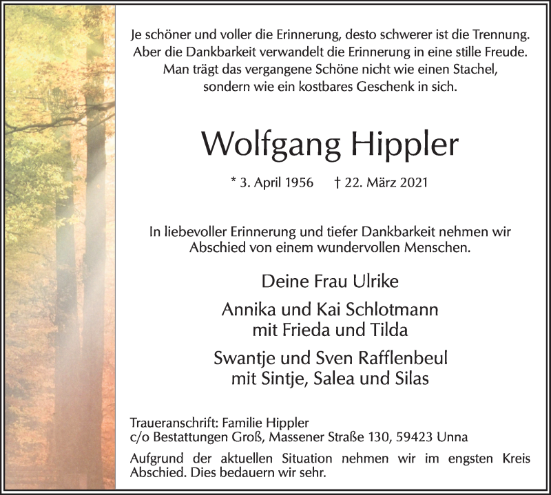  Traueranzeige für Wolfgang Hippler vom 31.03.2021 aus Hellweger Anzeiger