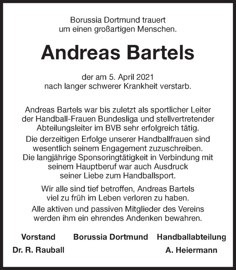  Traueranzeige für Andreas Bartels vom 17.04.2021 aus 