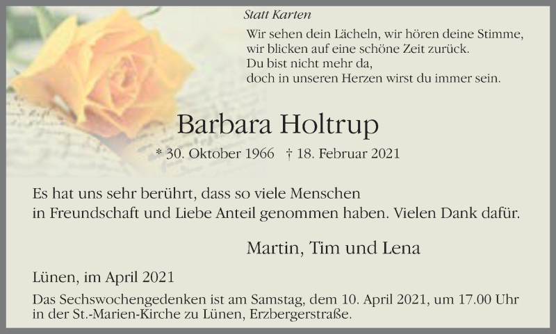  Traueranzeige für Barbara Holtrup vom 03.04.2021 aus Ruhr Nachrichten