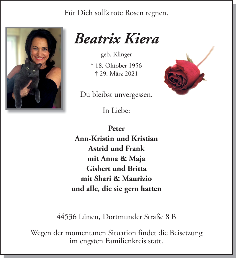  Traueranzeige für Beatrix Kiera vom 03.04.2021 aus Ruhr Nachrichten