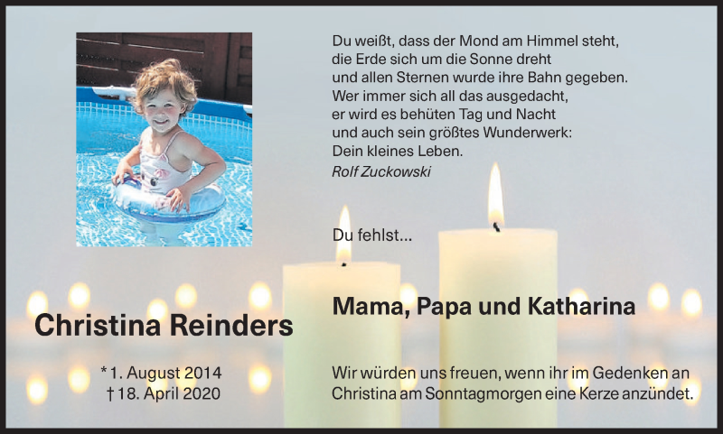  Traueranzeige für Christina Reinders vom 17.04.2021 aus Ruhr Nachrichten und Dorstener Zeitung