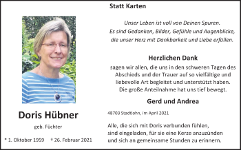 Traueranzeige von Doris Hübner von Münstersche Zeitung und Münsterland Zeitung