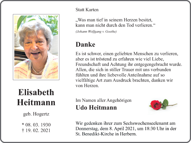 Traueranzeigen von Elisabeth Heitmann | sich-erinnern.de