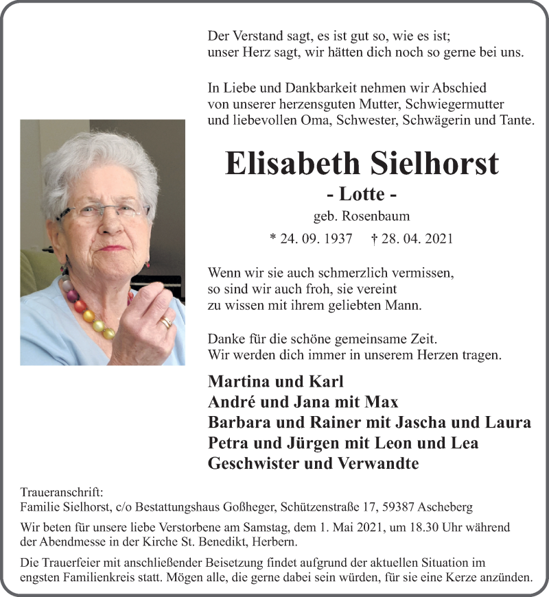  Traueranzeige für Elisabeth Sielhorst vom 30.04.2021 aus Ruhr Nachrichten