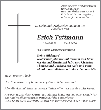 Traueranzeige von Erich Tuttmann von Ruhr Nachrichten und Dorstener Zeitung