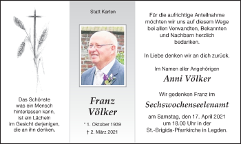 Traueranzeige von Franz Völker von Münstersche Zeitung und Münsterland Zeitung