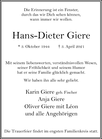 Traueranzeige von Hans-Dieter Giere von Hellweger Anzeiger