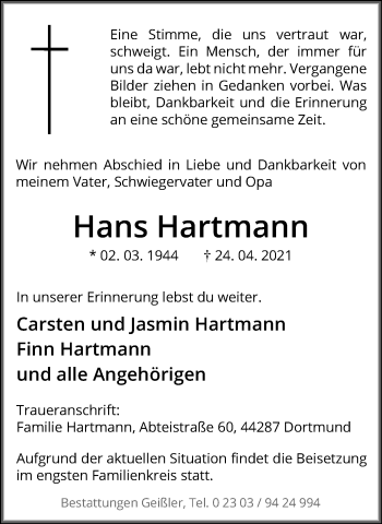 Traueranzeige von Hans Hartmann 