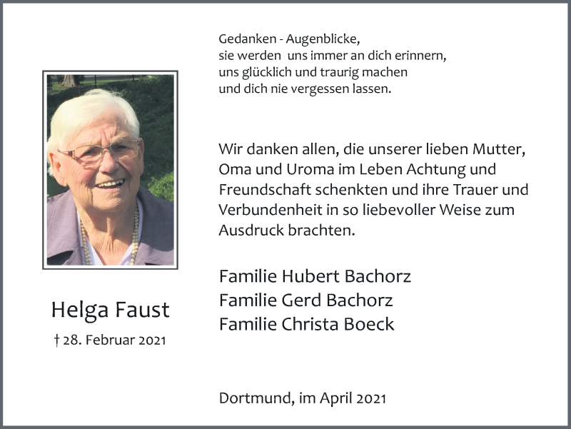  Traueranzeige für Helga Faust vom 10.04.2021 aus 