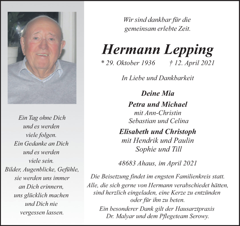  Traueranzeige für Hermann Lepping vom 15.04.2021 aus Münstersche Zeitung und Münsterland Zeitung