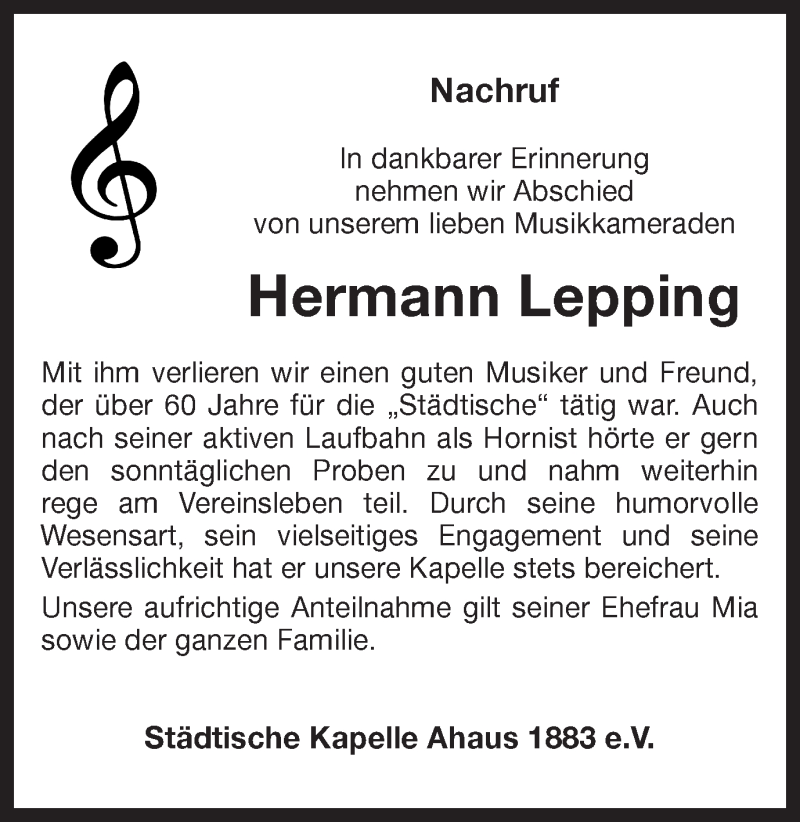  Traueranzeige für Hermann Lepping vom 16.04.2021 aus Münstersche Zeitung und Münsterland Zeitung