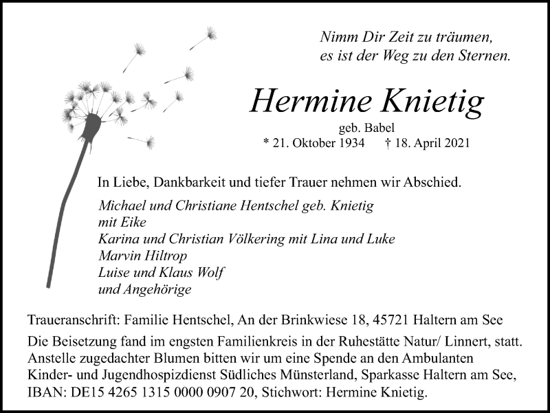  Traueranzeige für Hermine Knietig vom 24.04.2021 aus Ruhr Nachrichten und Halterner Zeitung