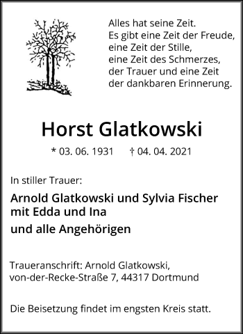 Traueranzeige von Horst Glatkowski von Hellweger Anzeiger
