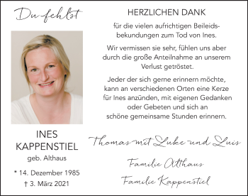 Traueranzeige von Ines Kappenstiel von Münstersche Zeitung und Münsterland Zeitung