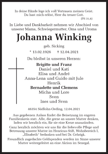 Traueranzeige von Johanna Winking von Münstersche Zeitung und Münsterland Zeitung