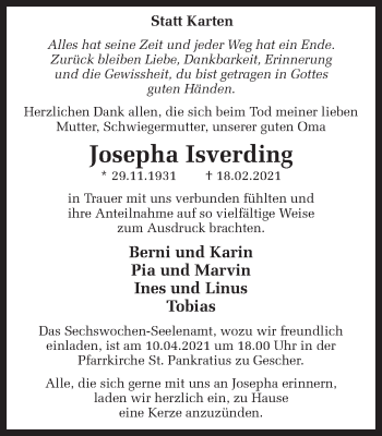Traueranzeige von Josepha Isverding von Münstersche Zeitung und Münsterland Zeitung
