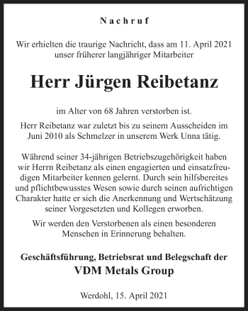 Traueranzeige von Jürgen Reibetanz von Hellweger Anzeiger