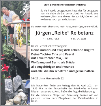 Traueranzeige von Jürgen Reibetanz von Hellweger Anzeiger