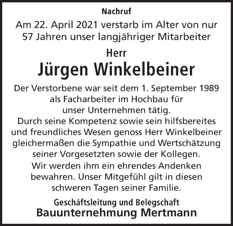  Traueranzeige für Jürgen Winkelbeiner vom 27.04.2021 aus Ruhr Nachrichten und Halterner Zeitung