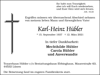 Traueranzeige von Karl-Heinz Hübler von Ruhr Nachrichten