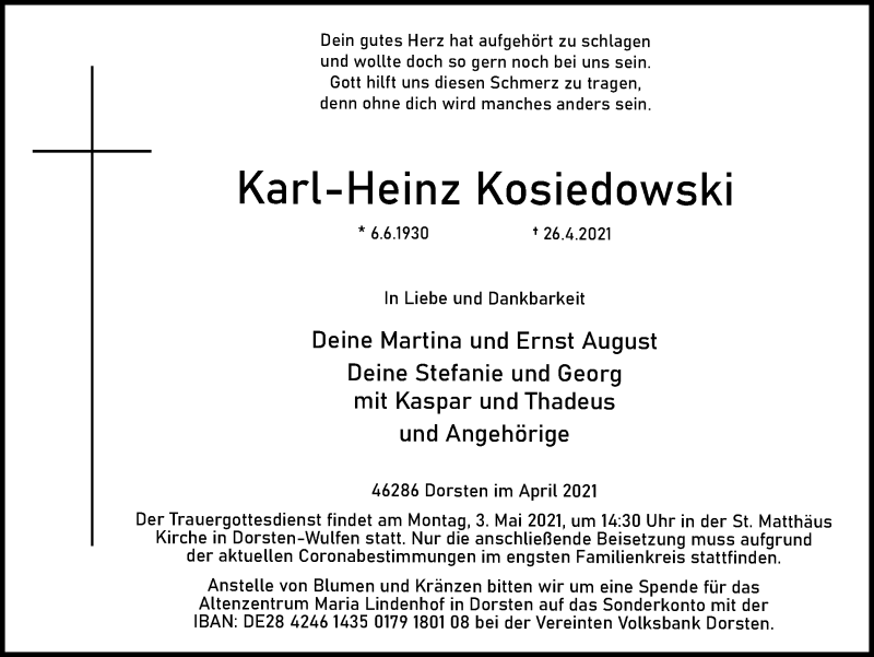  Traueranzeige für Karl-Heinz Kosiedowski vom 29.04.2021 aus Ruhr Nachrichten und Dorstener Zeitung